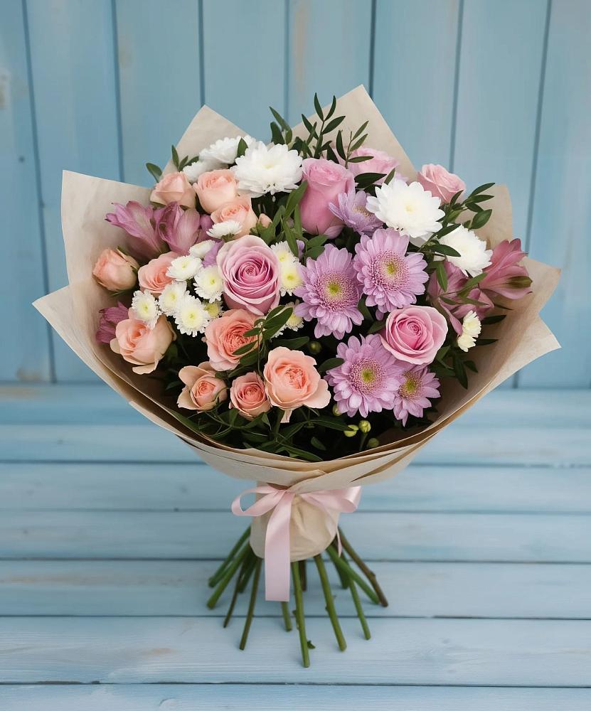 Букет цветов из: Хризантемы, Розы и Альстромерии в Пуршево