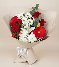 Букет цветов из:  Розы, Хризантемы, Герберы и Лилии в Пуршево