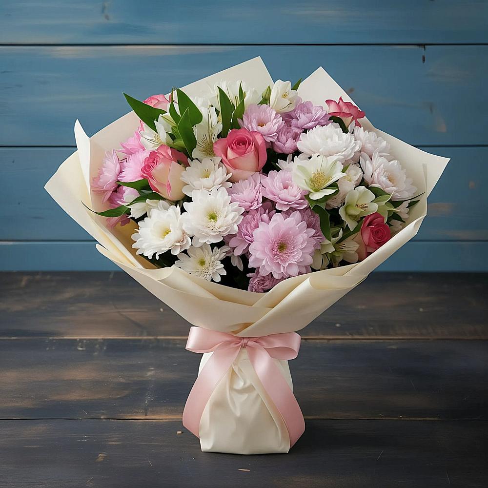 Букет цветов из: Хризантемы, Альстромерии и Розы в Пуршево